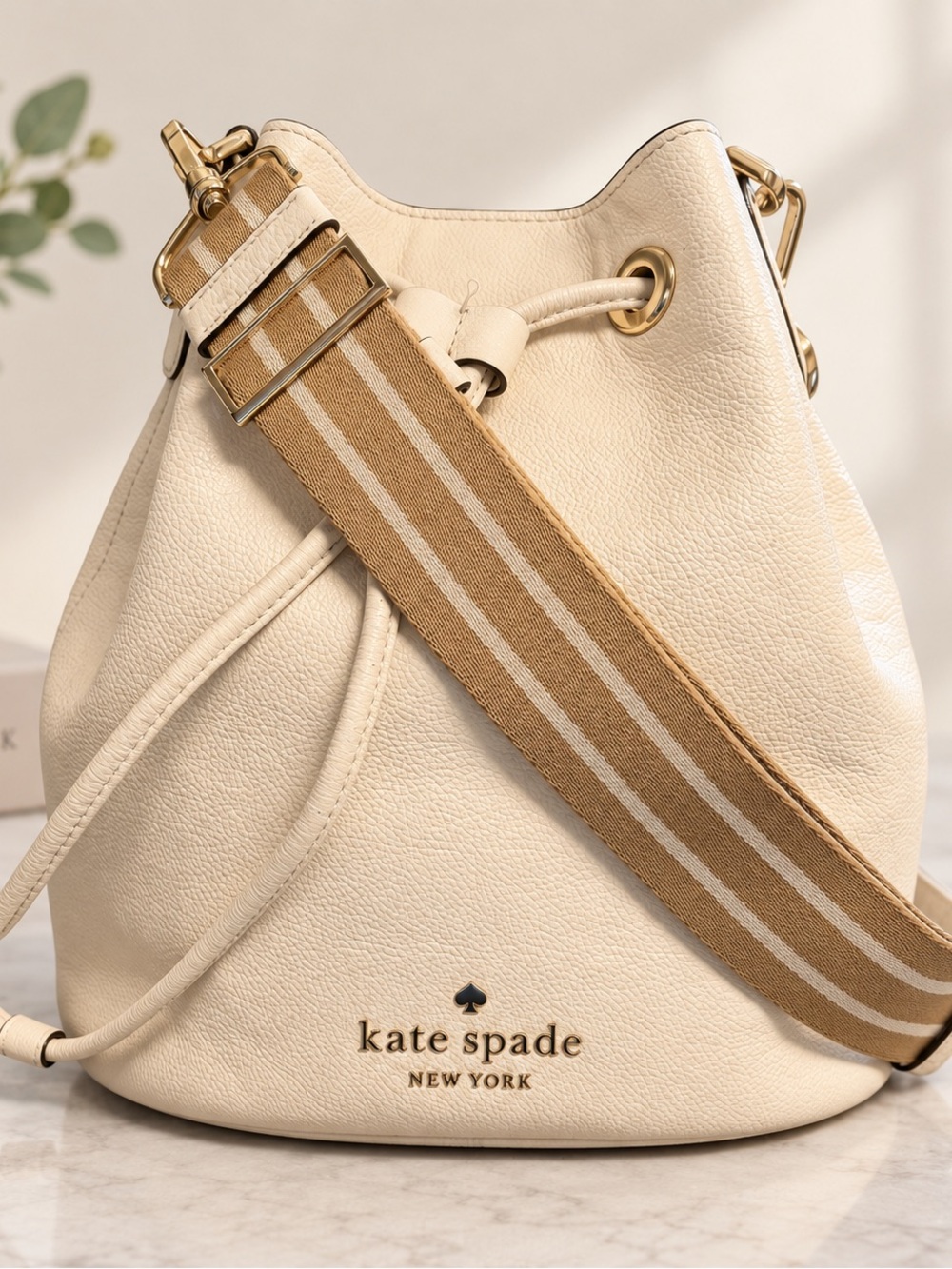 kate spade Cream Leather Bucket Bag with Striped Tan Strap